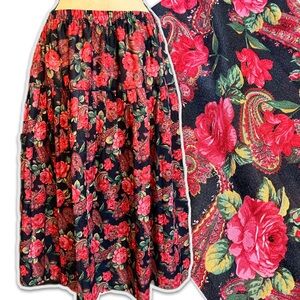 VINTAGE rose garden pleated midi‎ skirt elastic waist Victorian moody floral 80s